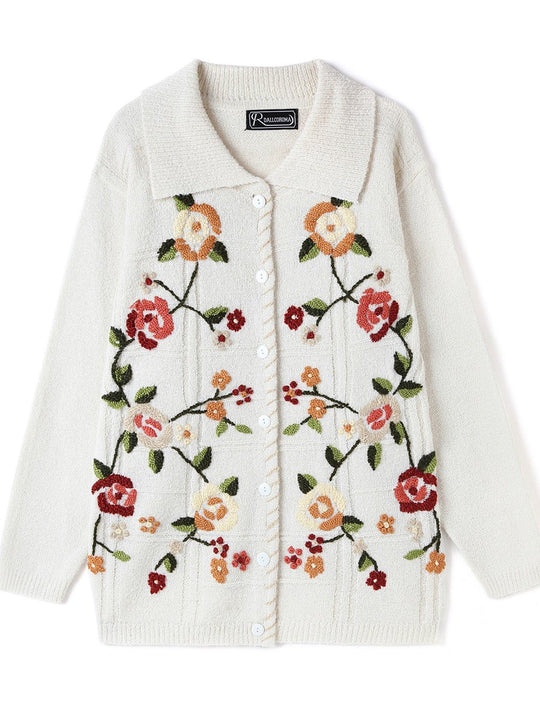 Vintage Hand-embroidered Lapel Long-sleeved Wool Cardigan