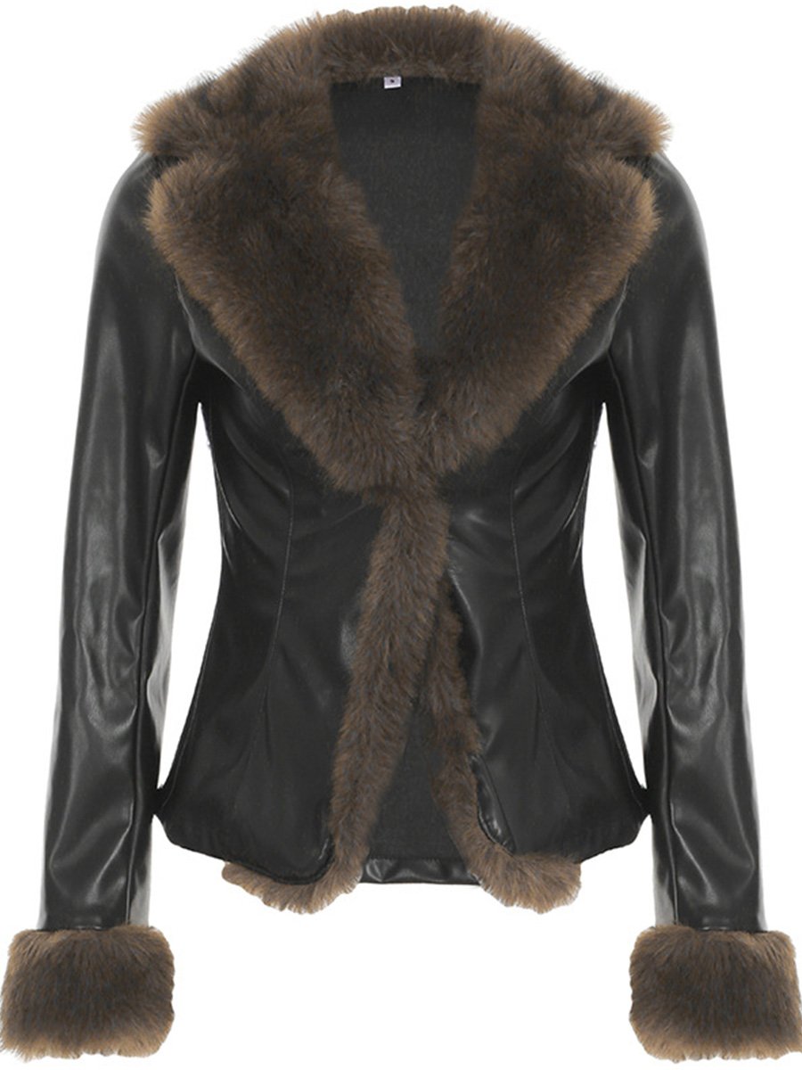 Vintage Fur Patchwork Lapel Waist Warm Leather Jacket