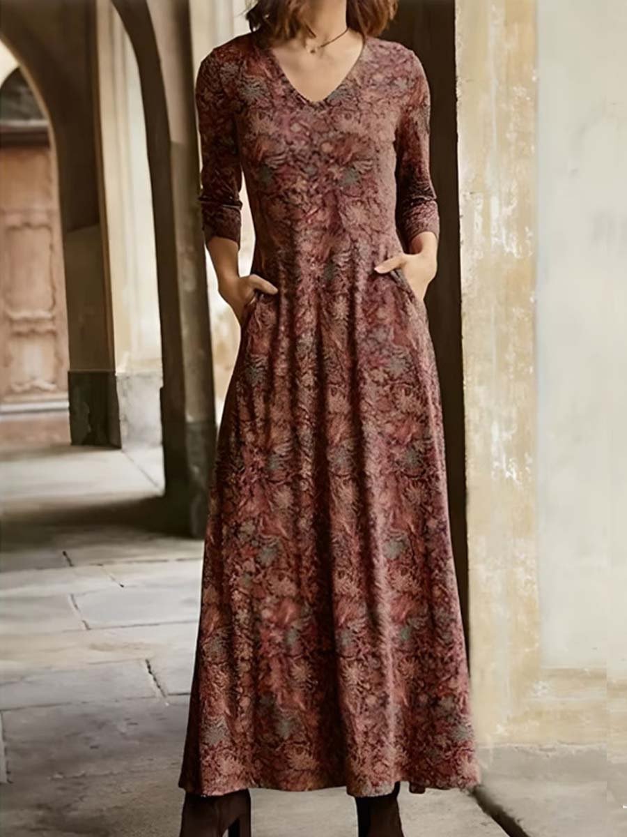 Women's Cotton Printed V-Neck Pocket Long Sleeve Maxi Dress