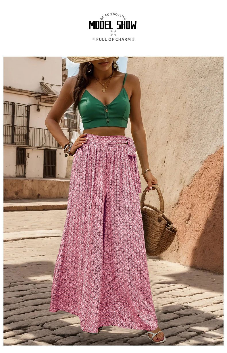 Lace-up High-waisted Casual Loose Wide-leg Pants 05182495YM