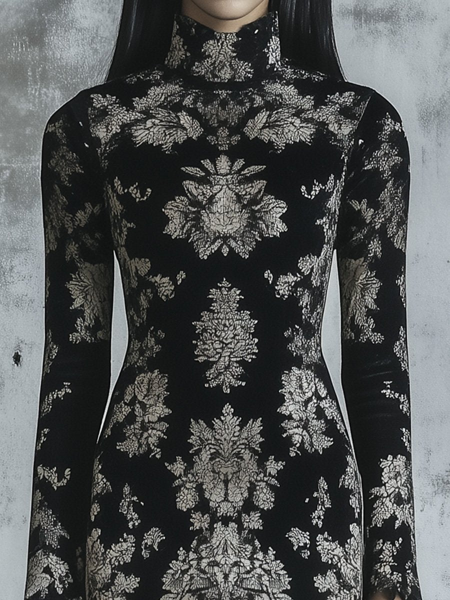 Vintage High Neck Long Sleeve Printed Bodycon Dress