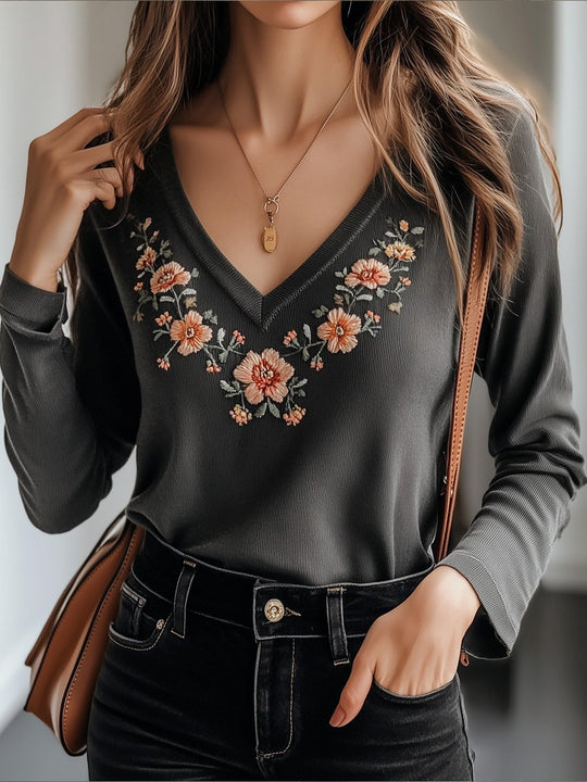 Casual V-neck Cotton Floral Embroidered Long-sleeved Top