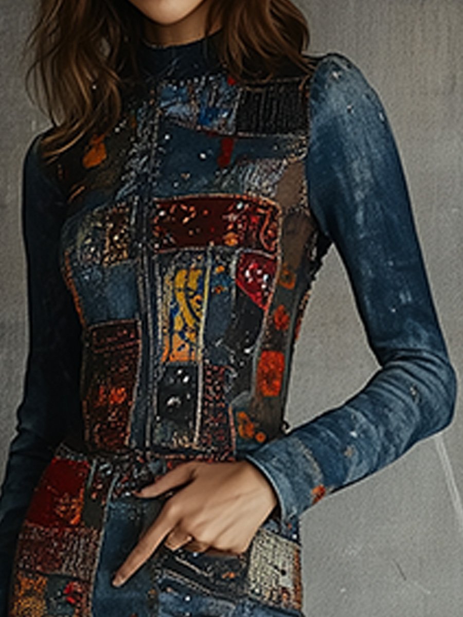 Artistic Patchwork Denim-Inspired Bodycon Dress