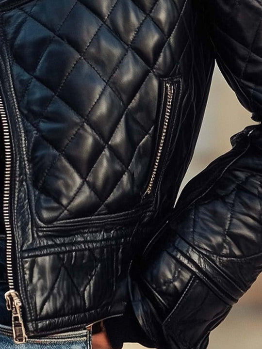 Women's Retro Contrasting Colors Quilted Leather Jacket