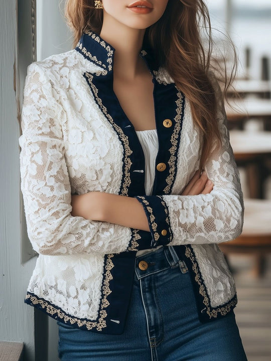 Stylish Constract Trim Hollow-out Lace Patchwork Jacket