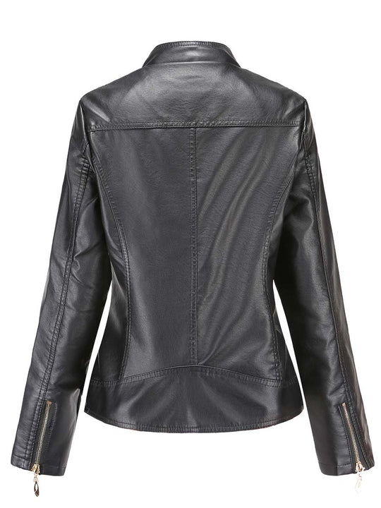 Women's Stand Collar Diamond Leather Biker Jacket