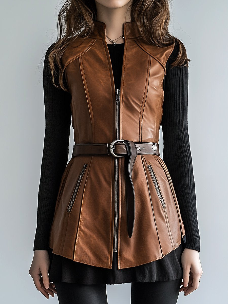 Chic Stand Collar Side Pockets Leather Waistcoat