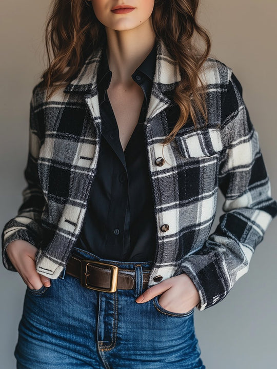 Retro Casual Lapel Plaid Short Jacket