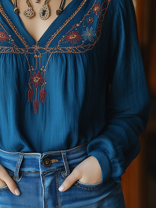 Boho Embroidered V-Neck Blouse with Rustic Charm