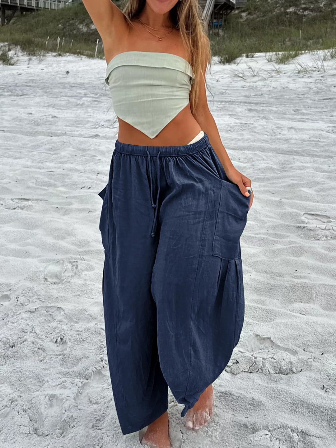 Elastic Waist Pleated Loose Casual Cotton and Linen High Waist Wide Leg Pants