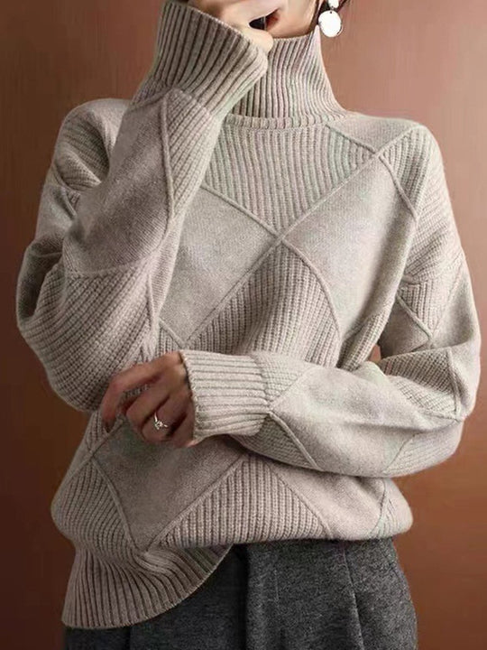 High Collar Pullover Diamond Shaped All-match Solid Color Sweater