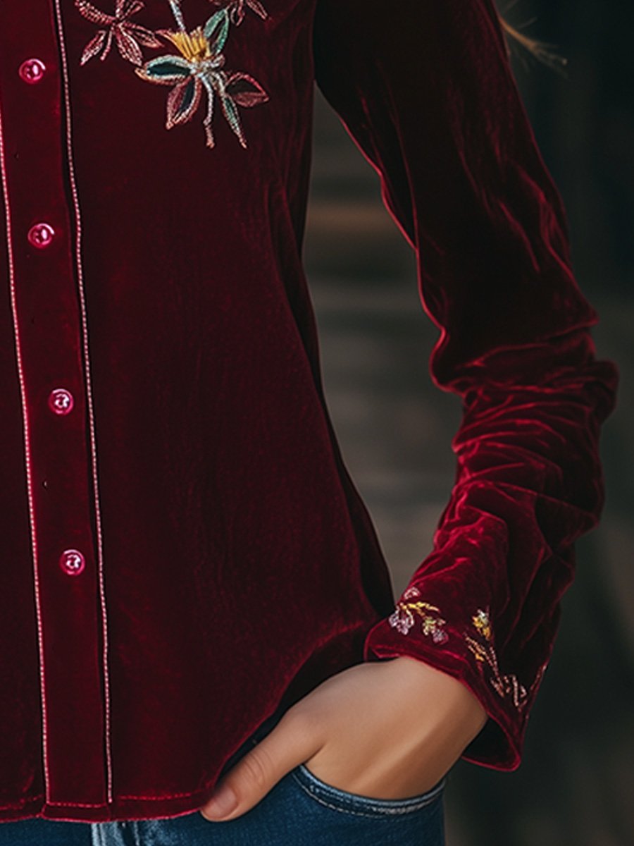 Elegant Embroidered Velvet Long-sleeved Shirt