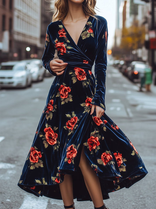 Blue Velvet V-neck Retro Rose Print Maxi Dress with Wide Hem