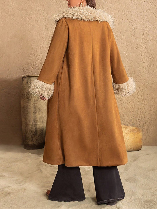 Stylish Faux Leather Fur Trim Plus-size Suede Long Coat