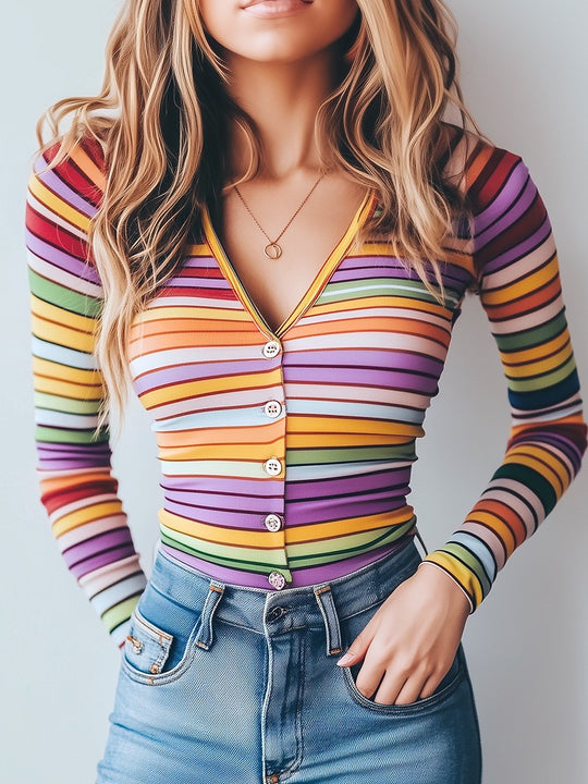 Stylish Single-breasted Rainbow Stripe Slim Fit Top