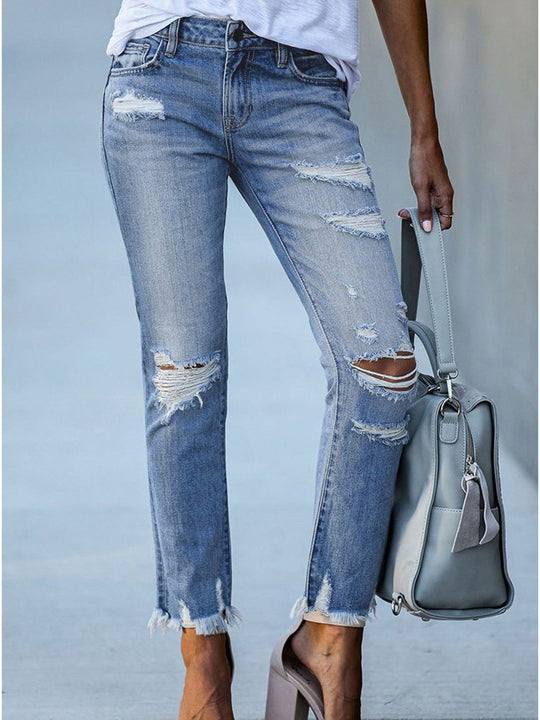 Washed Distressed Fringe Slim-fit High-stretch Jeans