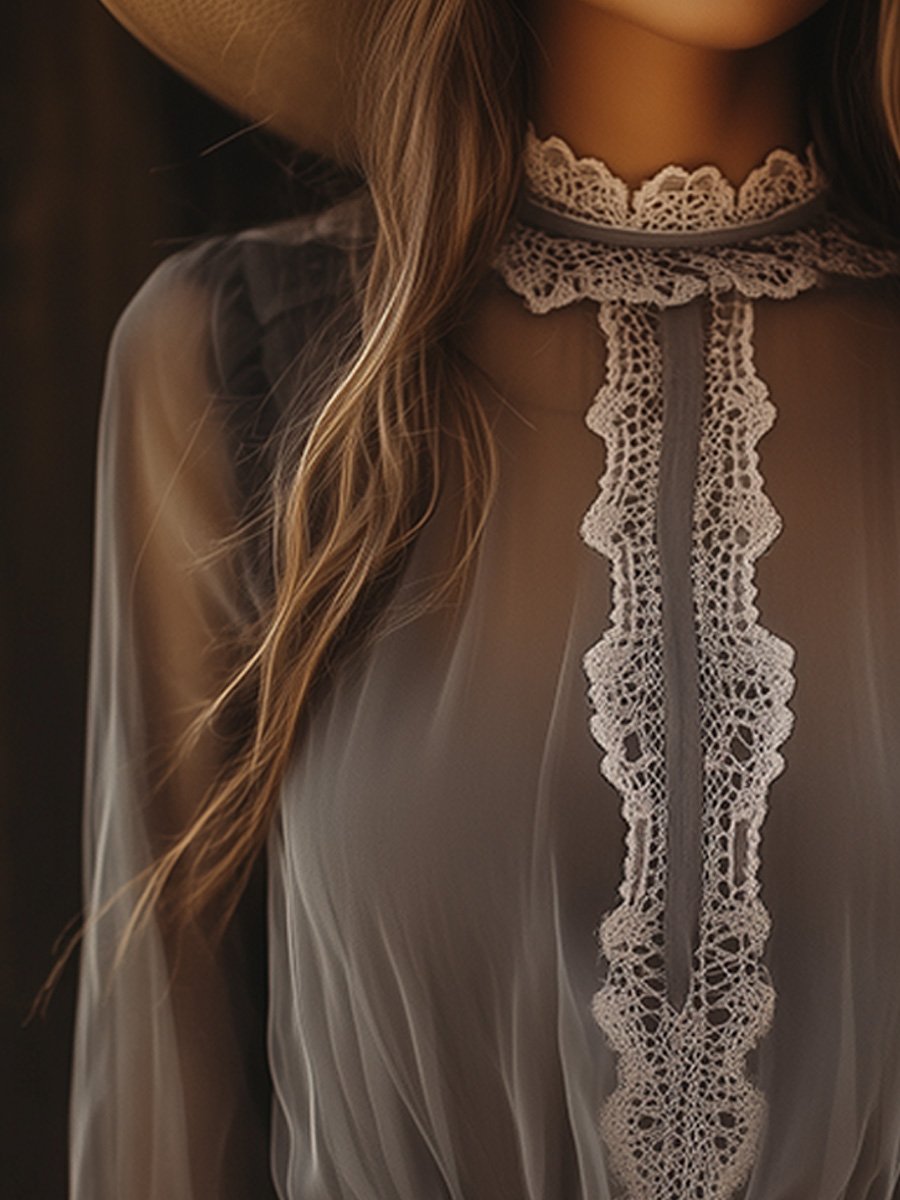 Vintage-Inspired Sheer Lace with Romantic Ruffles Blouse