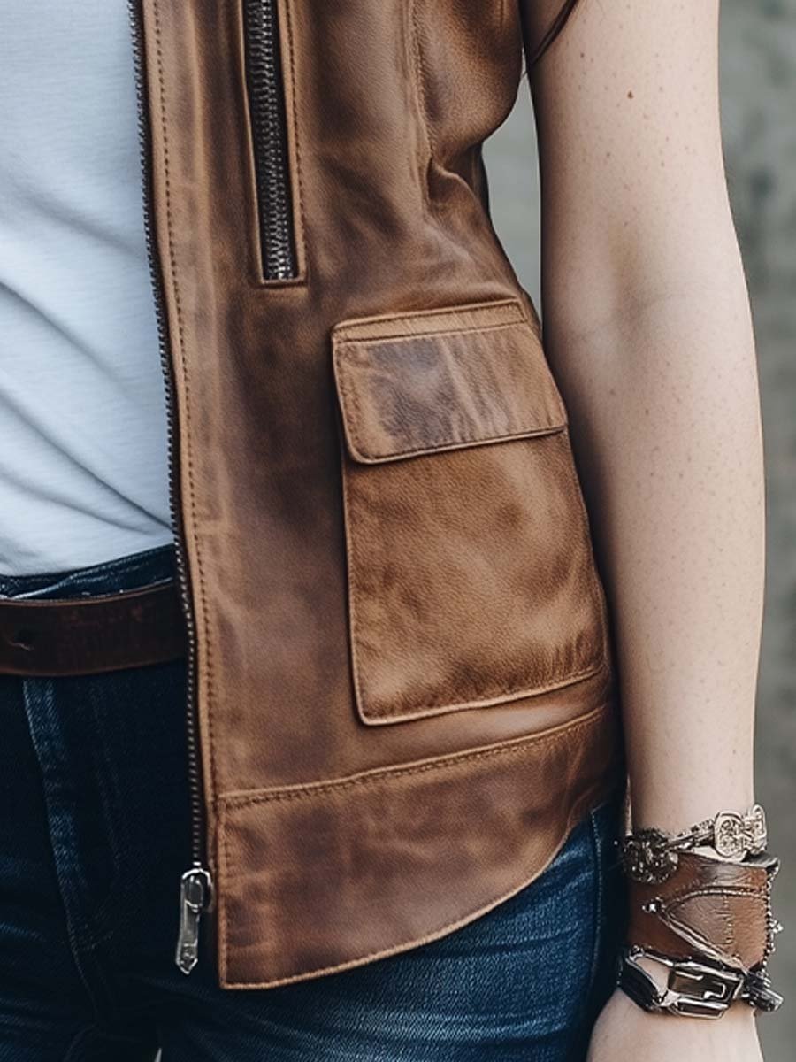 Women's Vintage Multi-Pocket Leather Waistcoat