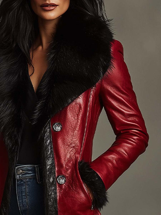 Women's Retro Fur Collar Contrasting Colors Leather Long Coat