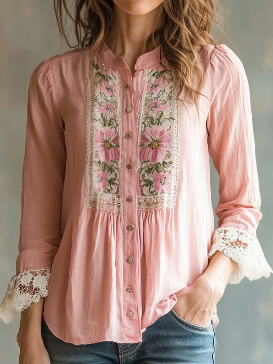 Retro Flower Lace Cotton Linen Blouse