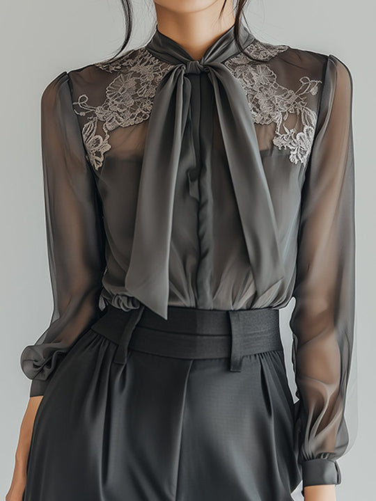 Sophisticated Sheer Lace with Bow-Tie Detail Blouse