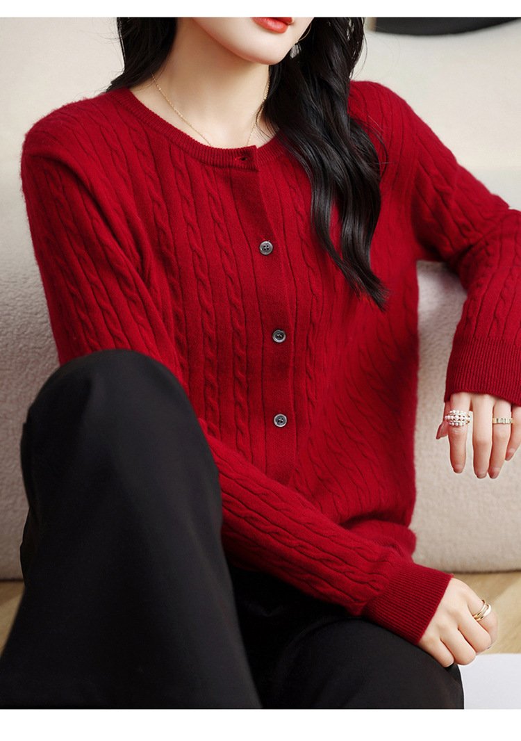 Fashion Round Neck Slim Fit Cable Knit Cardigan