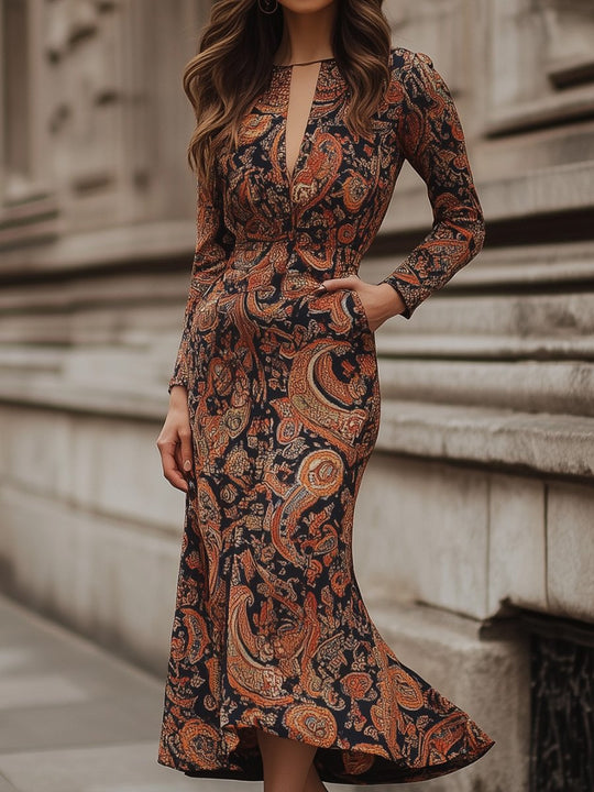 Women's Retro Print Round Neck Slim Fit Long Sleeve Maxi Dress