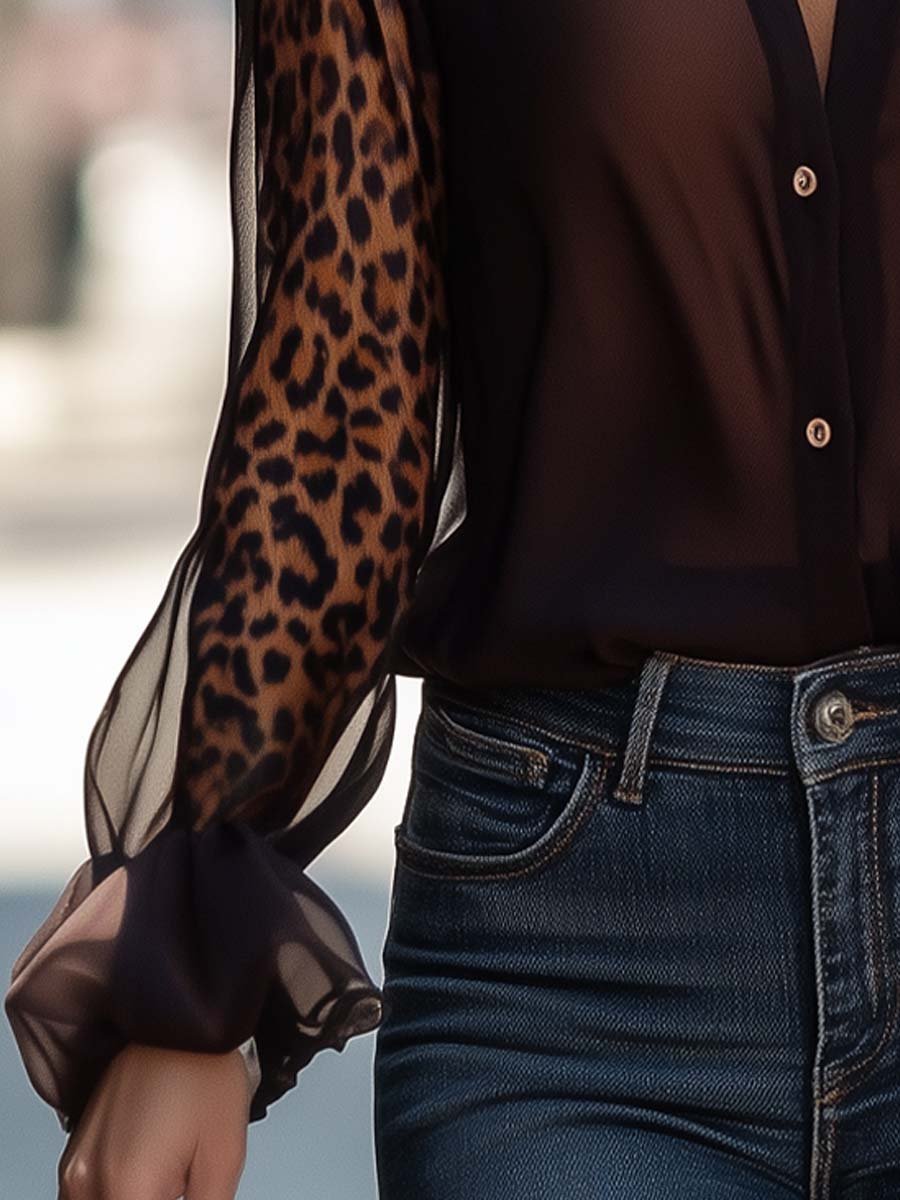 Sheer Leopard Sleeve Button-Up Blouse