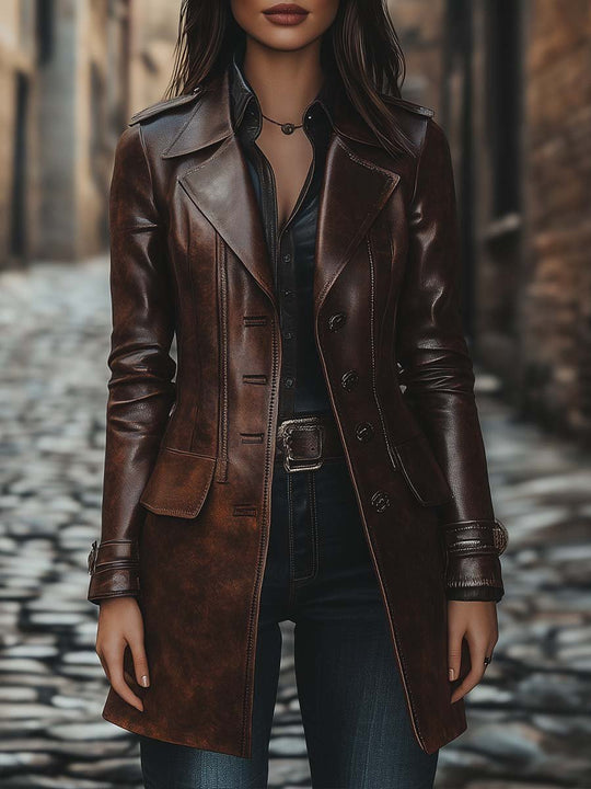 Women's Vintage Lapel Button Leather Long Jacket