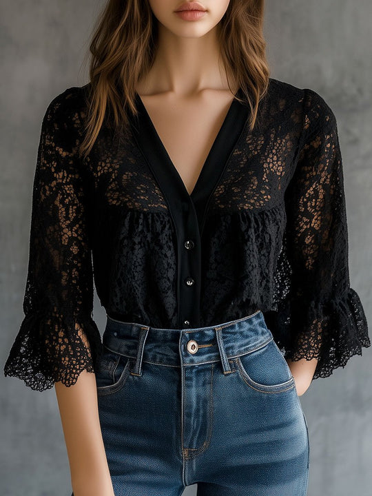 Chic V-neck Single-breasted Ruffled Cuffs Lace Shirt