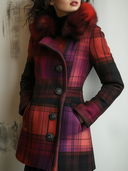 Retro Fur Collar Plaid Wool Slim Mid-length Coat