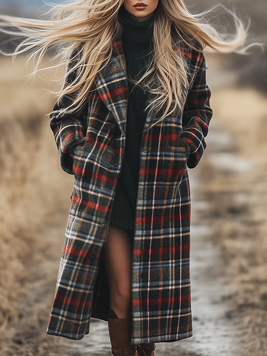 Casual Loose Retro Pocket Woolen Plaid Mid-Length Coat