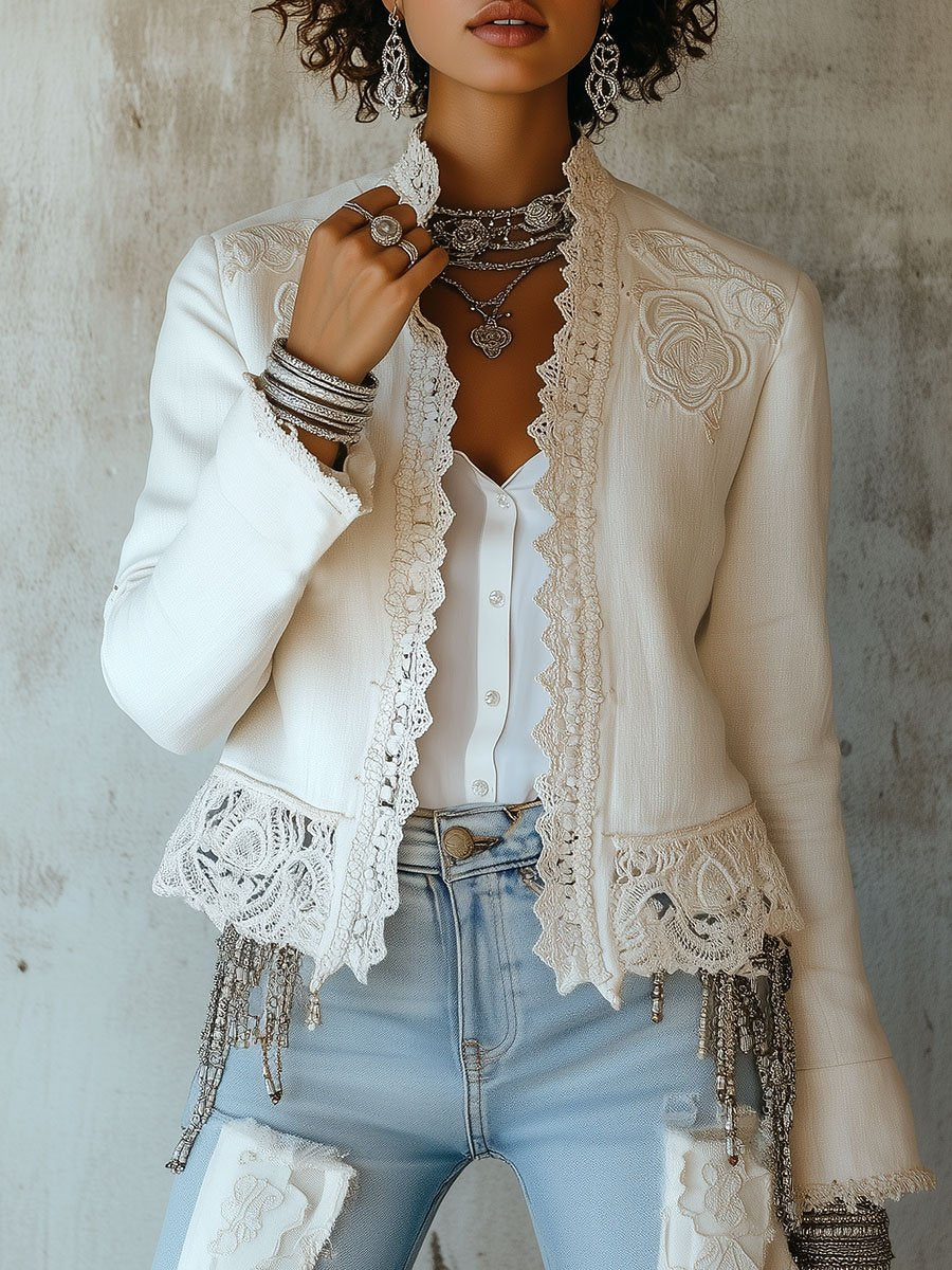 Boho Hollow-out Lace Patchwork Embroidery Linen Jacket