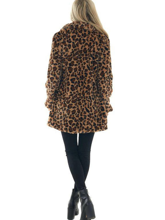 Fashion Leopard Fur Pocket Loose Fur Coat