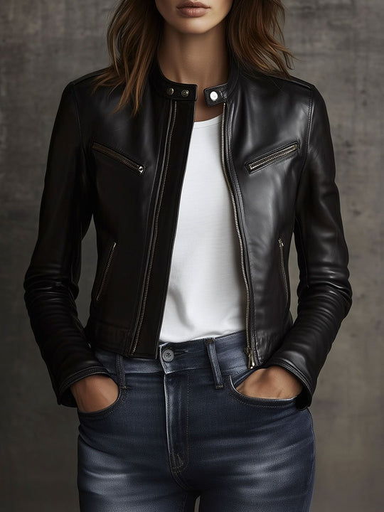 Stylish Round Neck Multiple-pocket Sheepskin Biker Jacket