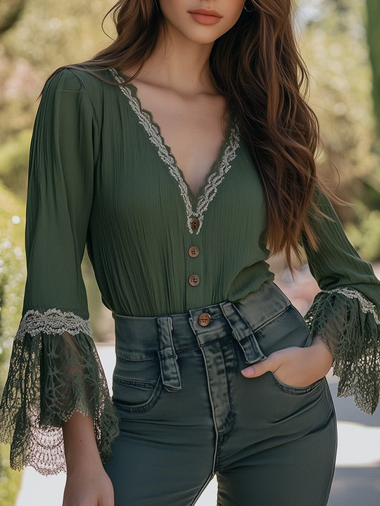 Boho Lace Bell-Sleeve Blouse