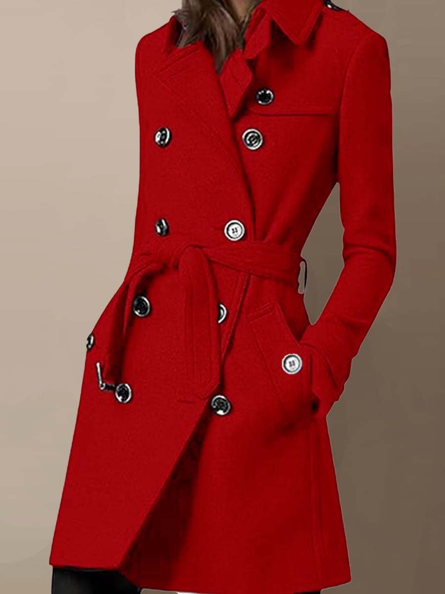 Women's Waist Tie Double-Breasted Wool Coat