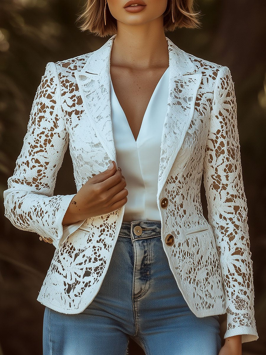 Stylish Hollow-out Lace Button Down Blazer Jacket