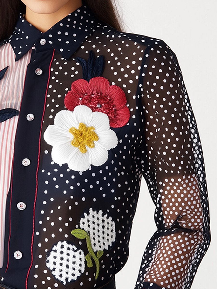 Playful Polka Dot See-through Floral Lined Long-sleeved Shirt