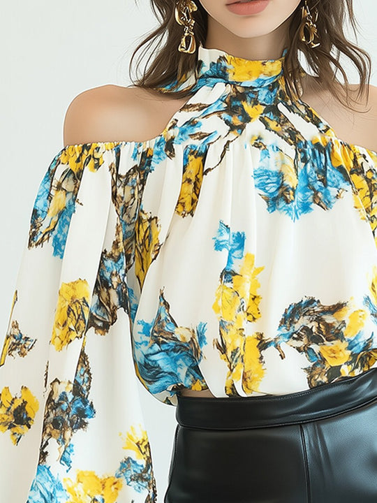 Bold Floral Off-Shoulder with Balloon Sleeves Blouse