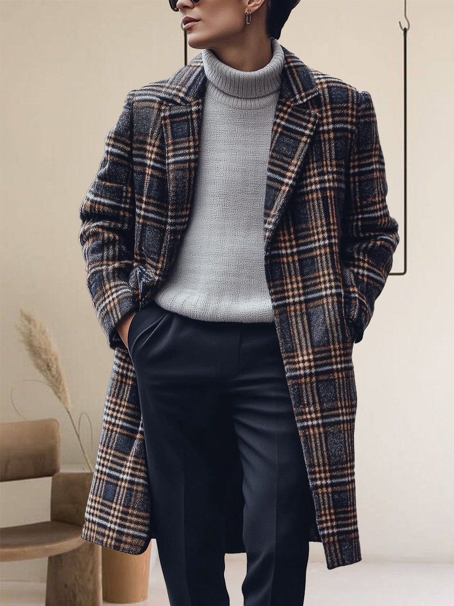 Trendy Lapel Plaid Mid-Length Wool Coat