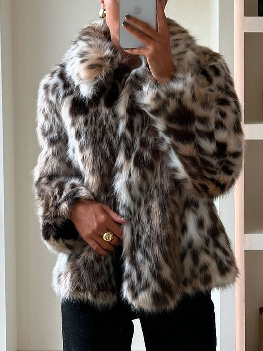 Fashion Leopard Print Lapel Faux Fur Coat