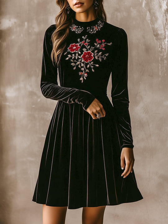 Elegant Round Neck Flower Embroidery Velvet Dress