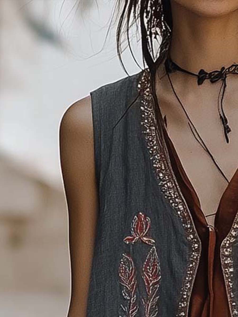 Bohemian Embroidered Open-Front Vest