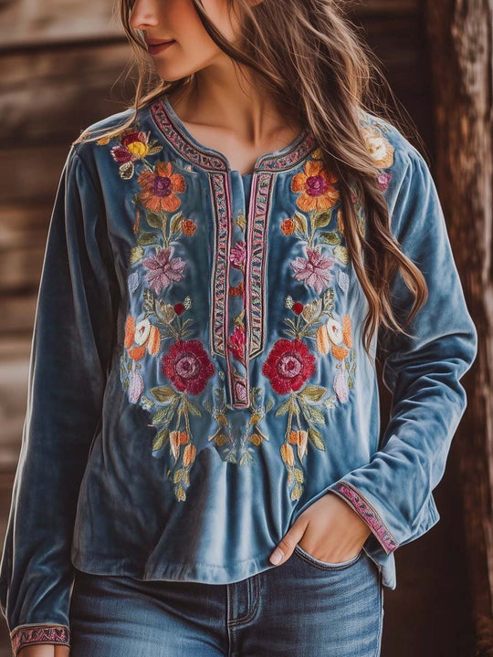 Women's Vintage Embroidered Velvet Shirt