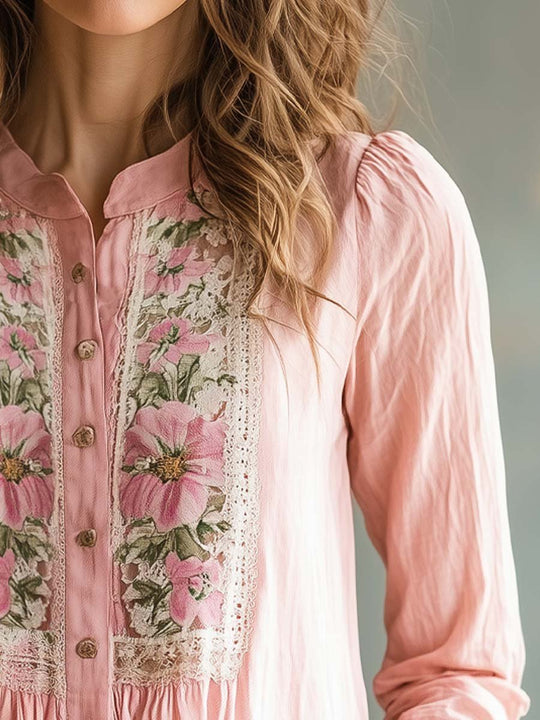 Retro Flower Lace Cotton Linen Blouse