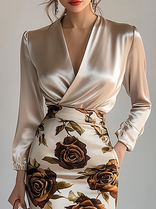 Wrap Satin Shirt and Floral Pencil Dress