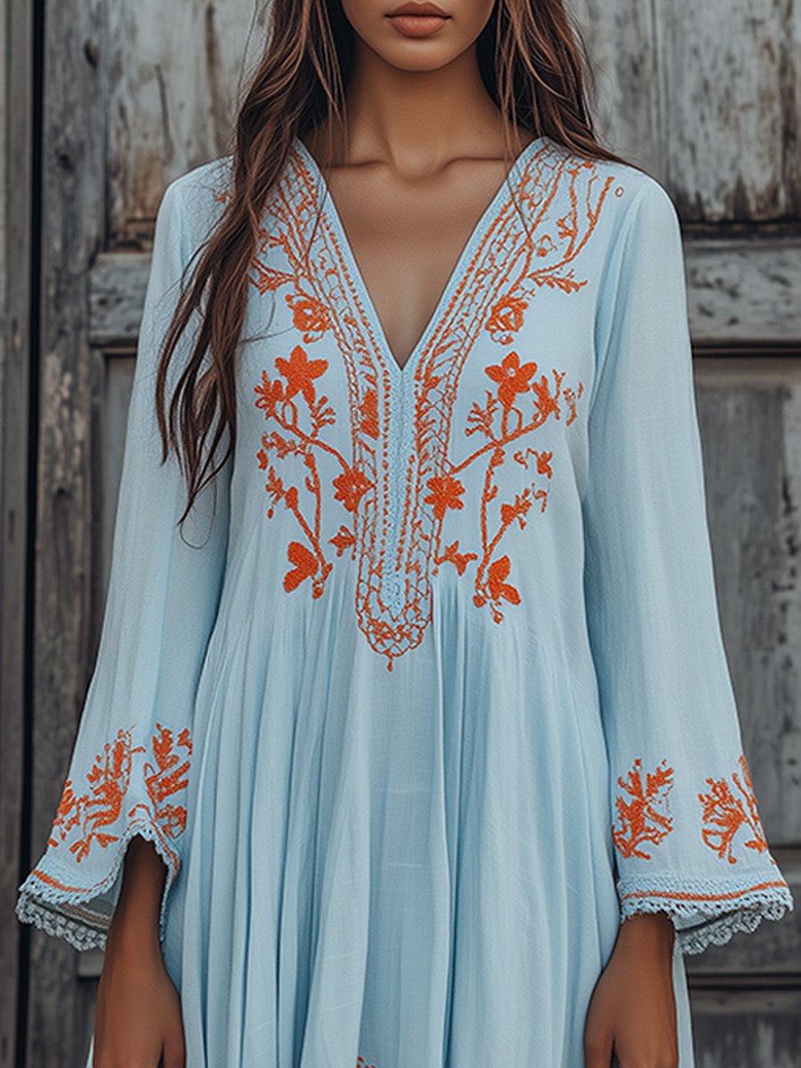 Boho Embroidered Asymmetric Hem Dress In Sky Blue