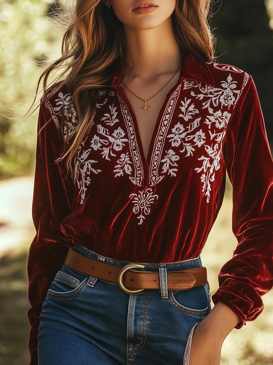 Chic Lapel Flower Embroidery V-neck Velvet Blouse