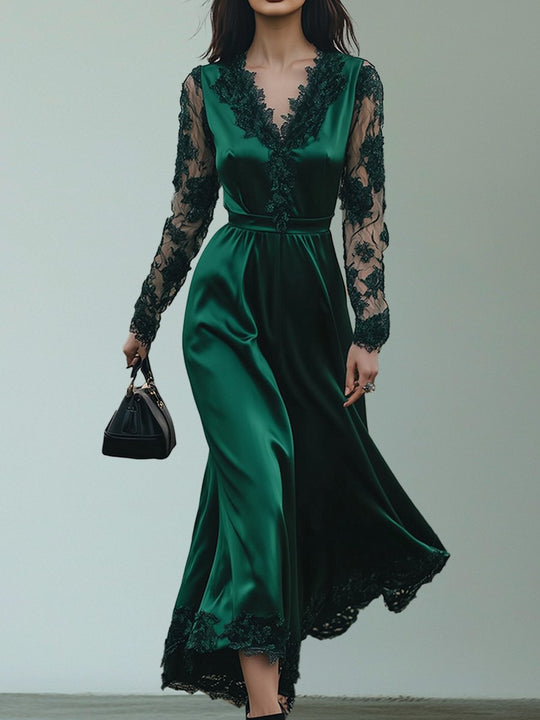 Emerald Satin Maxi Dress with Lace Sleeves